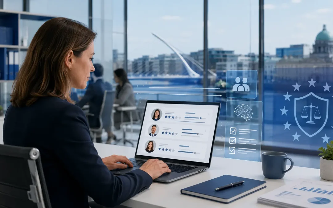 HR manager reviewing AI-assisted candidate profiles for EU AI Act compliance in an Irish office